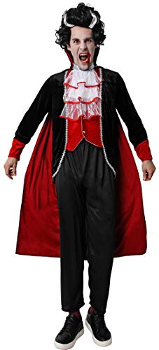 Gojoy Shop- Disfraz y Peluca de Vampiro para Hombres Carnaval Halloween (Contiene Peluca, Chaleco con Chaqueta Pantal, Pantalón, Cuello y Capa, Talla Unica)