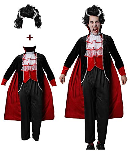 Gojoy Shop- Disfraz y Peluca de Vampiro para Hombres Carnaval Halloween (Contiene Peluca, Chaleco con Chaqueta Pantal, Pantalón, Cuello y Capa, Talla Unica)