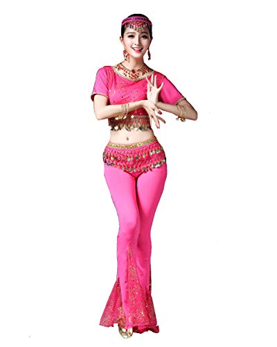 Grouptap Bollywood Tribal Encaje Cola de pez Indio Mujeres Danza del Vientre Top Pantalones Vestido Rosa árabe señoras Danza del Vientre rajas Pantalones Traje (Rosa, 150-169 cm, 45-65 kg)
