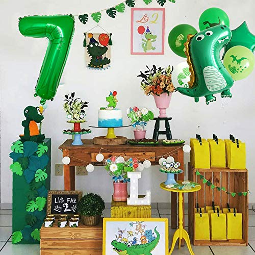 Haosell Globo de dinosaurios grandes 7 años, decoración para cumpleaños infantil, diseño de dinosaurios verdes – 1 globo XXL Dino + número 7 globos + 1 globo de estrella + 4 globos de dinosaurios