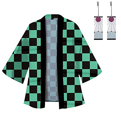 Hinevey Kamado Tanjirou Tomioka Giyuu Agatsuma Zenitsu Cosplay, kimono, cárdigan de punto y pendientes unisex estampados, kimono, capa con 1 par de pendientes con colgante (verde oscuro, XL)