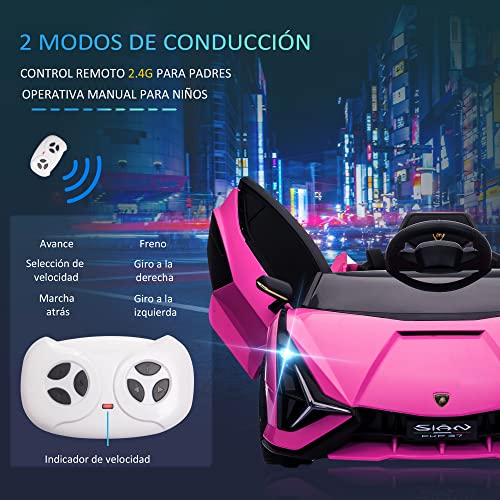 HOMCOM Coche Eléctrico Lamborghini SIAN 12V para Niños de +3 Años con Mando a Distancia Apertura de Puerta Música MP3 USB y Faros 3-8 km/h 108x62x40 cm Rosa