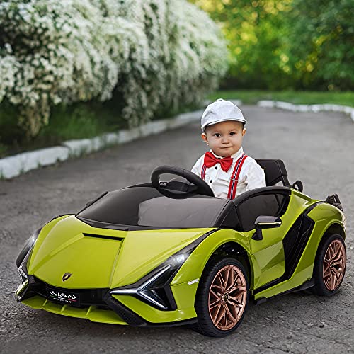 HOMCOM Coche Eléctrico Lamborghini SIAN 12V para Niños de +3 Años con Mando a Distancia Apertura de Puerta Música MP3 USB y Faros 3-8 km/h 108x62x40 cm Verde