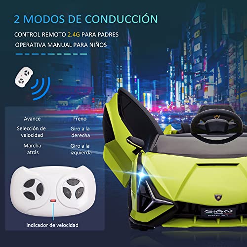 HOMCOM Coche Eléctrico Lamborghini SIAN 12V para Niños de +3 Años con Mando a Distancia Apertura de Puerta Música MP3 USB y Faros 3-8 km/h 108x62x40 cm Verde