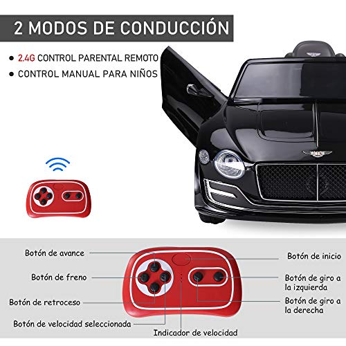 HOMCOM Coche Eléctrico para Niños 2 Modos de Control con Música Faros Brillantes Retroceder Bentley GT Licencia +3 Años Automóvil Infantil 108x60x43 cm Negro