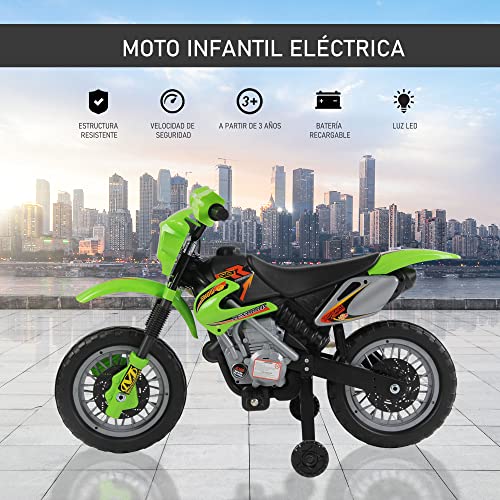HOMCOM Moto Electrica Infantil Bateria 6V Recargable Niños 3 Años Cargador y Ruedas Apoyo Color Verde