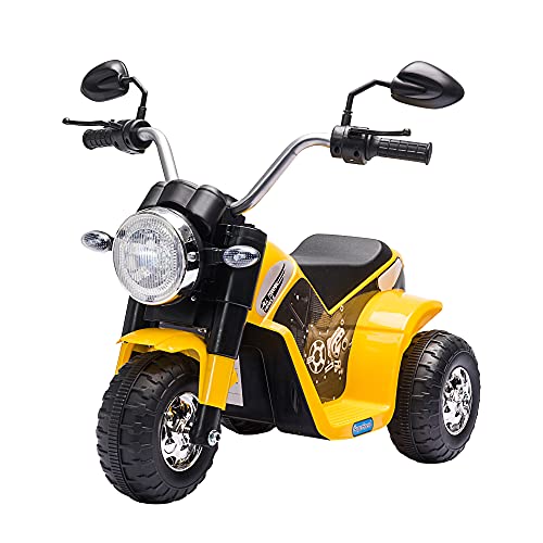 HOMCOM Moto Eléctrica Infantil con 3 Ruedas Triciclo a Batería 6V para Niños de 18-36 Meses con Faro Bocina Velocidad 2 km/h 72x57x56 cm Amarillo