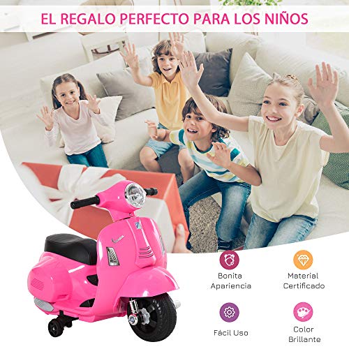 HOMCOM Moto Eléctrica Vespa para Niños de 18-36 Meses con Faro Bocina y 4 Ruedas Motocicleta Infantil con Licencia 66,5x38x52 cm Rosa