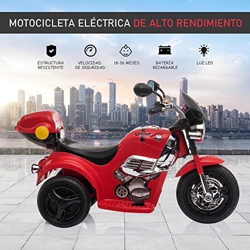 HOMCOM Moto Triciclo Eléctrico para Niños de 18-36 Meses Moto Eléctrica Infantil con 3 Ruedas Batería 6V con Botón de Música Bocina Luces y Maletero 87x46x54 cm Rojo