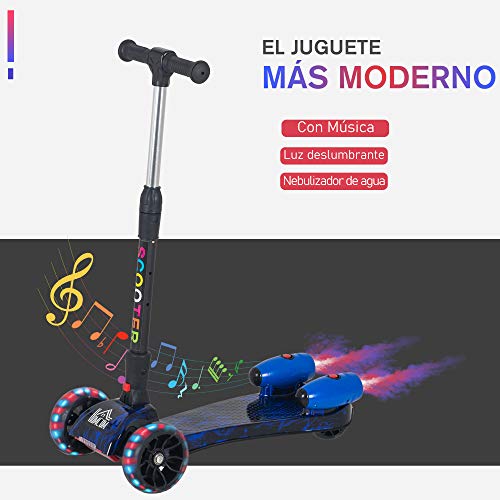 HOMCOM Patinete para Niños Scooter Plegable con Altura Ajustable de 4 Niveles y Música Luces y Nebulizador de Agua +3 Años 62x27x63-81 cm Azul