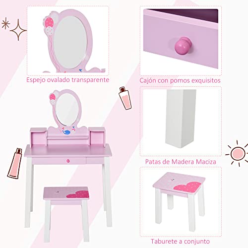 HOMCOM Tocador Infantil con Taburete y Espejo Tipo Princesa Mesita de Maquillaje de Madera Rosa Juguete para Niñas 60x34x93 cm