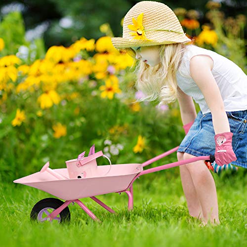 Hortem Juego de 5 carretillas para niños, construcción de metal, barril de rueda para niños y herramientas de jardín para niños, guantes de jardinería para niños, regalos para niños (rosa)