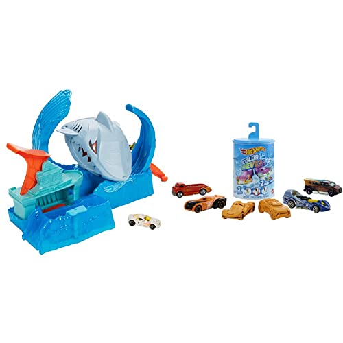 Hot Wheels City Pista de Coches de Juguete Salto de Tiburón Color Shifter (Mattel GJL12) + Color Reveal, Coche de Juguete Que Cambia de Color con el Agua, Modelo Surtido (Mattel GYP13)
