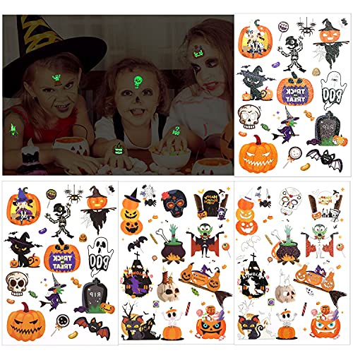 HOWAF Halloween Tatuajes Temporales niños, Purpurina + Luminosos Tatuaje temporal de Halloween tattoo pegatinas para niños, niñas, regalos de fiesta de Halloween Cumpleaños Infantiles, 4 hojas