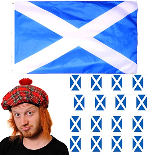 I LOVE FANCY DRESS LTD Conjunto de disfraz de rugby de Escocia, bandera escocesa, banderines de Escocia y sombrero de Tam O'Shanter escocesa – Conjunto de bandera de San Andrés