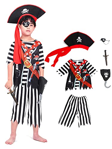 IKALI disfraces de piratas para niños, disfraz de bucanero caribeño a rayas de alta mar para niños pequeños para fiesta