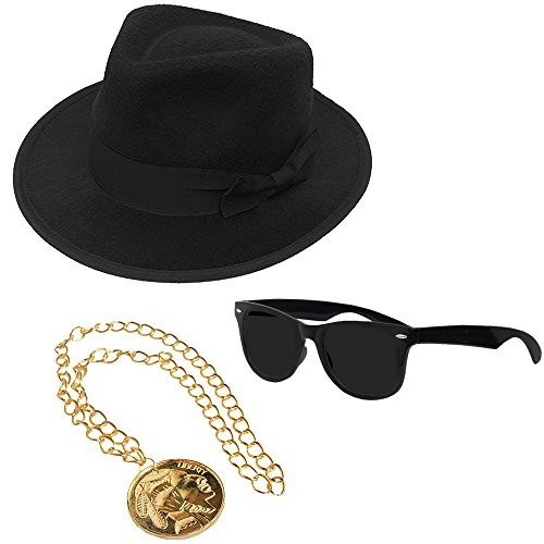 ILOVEFANCYDRESS Big GANGSTER - Juego y kit de gorro, 60 cm, gafas de sol negras y collar con medalla dorada.