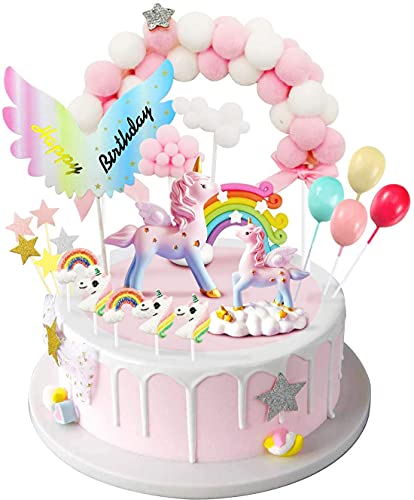 iZoeL Unicornio Decoración de Tartas Cumpleaños Happy Birthday Banderines Globos Arcoiris Cake Topper Decorar Tartas Infantiles Niñas