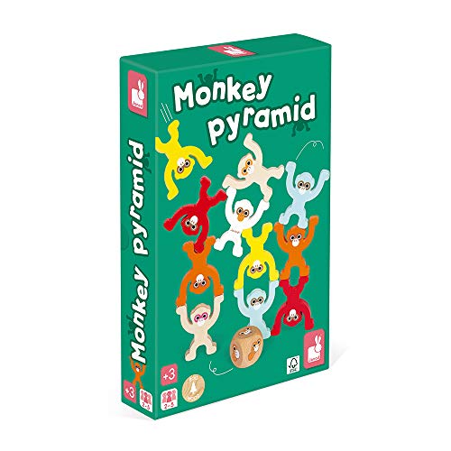 Janod - Monkey Pyramid - Juego de Mesa Infantil de Madera - Juego de Habilidad - Pintura al Agua - Certificado FSC® - A partir de 3 Años, J02633