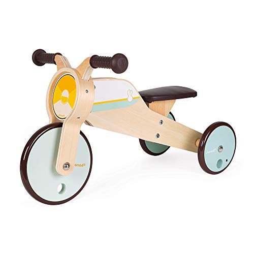 Janod - Triciclo de madera con balancín - Triciclo para bebés de la primera edad - Para desarrollar la motricidad gruesa y el sentido del equilibrio - Juguete de madera - De 12 a 36 meses, J03284