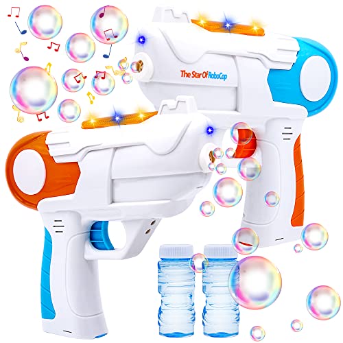 JOYIN 2 Pistola de Burbujas de Colores con 4 Botellas de Soluciones de Burbujas (50 ml) para Niños, Juegos en Interiores y Exteriores.