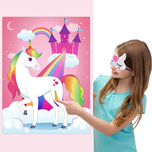 JOYIN Juegos de Unicornio con un póster de 28 "x 21", 24 Cuernos, 1 máscara de Ojos para favores de Fiesta de Unicornio Suministros para Fiestas de cumpleaños para niños Decoraciones