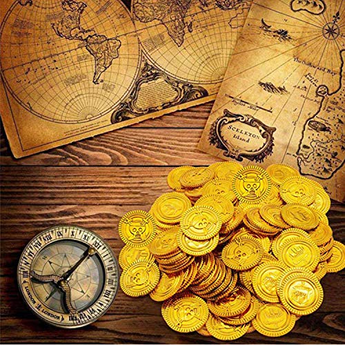 JOYUE 150 Piezas Monedas Doradas Piratas de Juguete, Fiestas Temáticas Piratas, Tesoros para La Búsqueda del Tesoro Cumpleaños de Los Niños