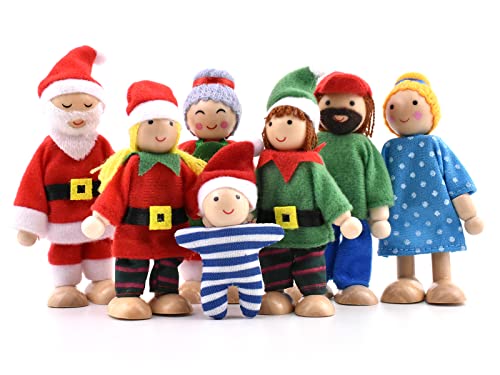 Juego de 7 figuras de madera, muñecas navideñas para regalo casa de muñecas, accesorios para decoración