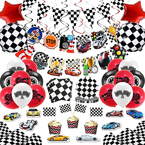 Juego de 97 piezas de suministros de fiesta de cumpleaños para coche de carreras y rallye para decoración de fiesta de cumpleaños para niño incluido Banner Globos de mesa, tazas de servilletas