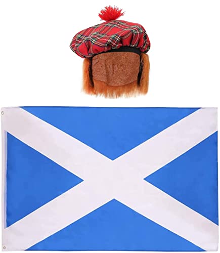 Juego de accesorios para adultos de Escocia – Gorra de bandera escocesa y gorro de TARTAN TAM O'Shanter, con pelo atacado, para hombre y mujer, para el día de San Andrés (1 unidad)