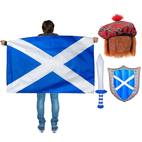 Juego de Accesorios para Vestir de St Andrews Scottish – Cabo de Bandera Escocesa con Sombrero de Tam O'Shanter con Pelo Adjunto + Espada y Escudo inflables – Vestir de San Andrés