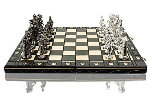 Juego de ajedrez Medieval Cromado Tablero de ajedrez de Madera de 16 "con Adornos y Piezas de plástico Cromado Pesado ... (Plata Medieval)