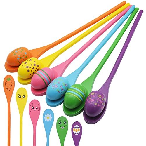 Juego de carreras de huevos de Pascua y cuchara; 6 globos oculares y cucharas con colores surtidos para niños y adultos, diversión al aire libre, suministros para fiestas, actividades en el aula