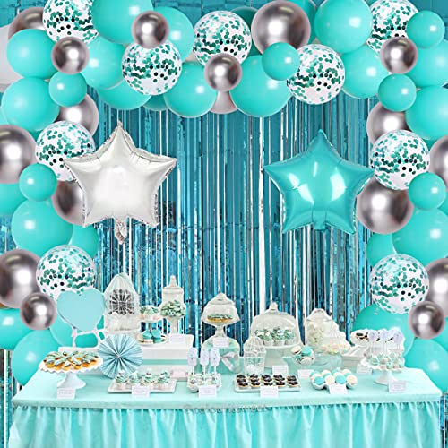 Juego de decoraciones de cumpleaños azul Verde Azulado con pancarta de globos de feliz cumpleaños Cortina de globos azul Turquesa y plateado para Verde Azulado 30 ° 40 ° 50 ° cumpleaños Baby Shower