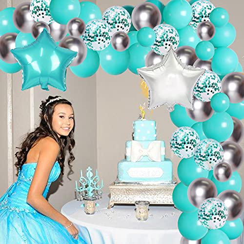 Juego de decoraciones de cumpleaños azul Verde Azulado con pancarta de globos de feliz cumpleaños Cortina de globos azul Turquesa y plateado para Verde Azulado 30 ° 40 ° 50 ° cumpleaños Baby Shower
