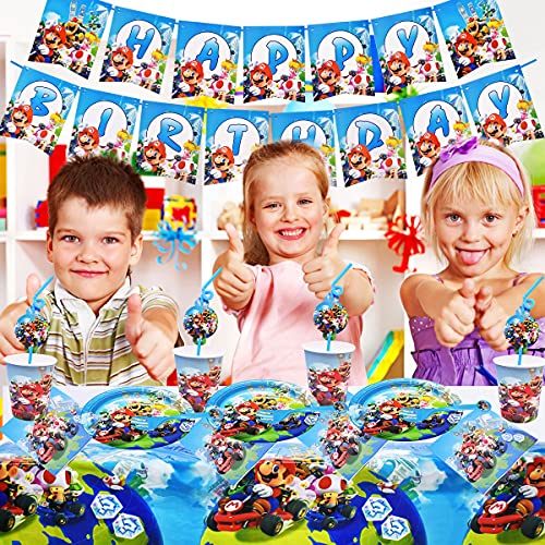 Juego de fiesta de cumpleaños 62 piezas Juego de fiesta Platos Tazas Servilletas Cubiertos Banner Mantel Vajilla de cumpleaños Kit de decoración, para niños Fiesta de cumpleaños