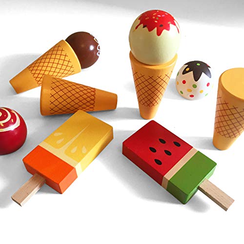 Juego de helado de madera – Conos de helado y palitos de hielo simulan juguetes de comida, piezas magnéticas intercambiables; perfecto para una heladería y juegos de madera para niños pequeños