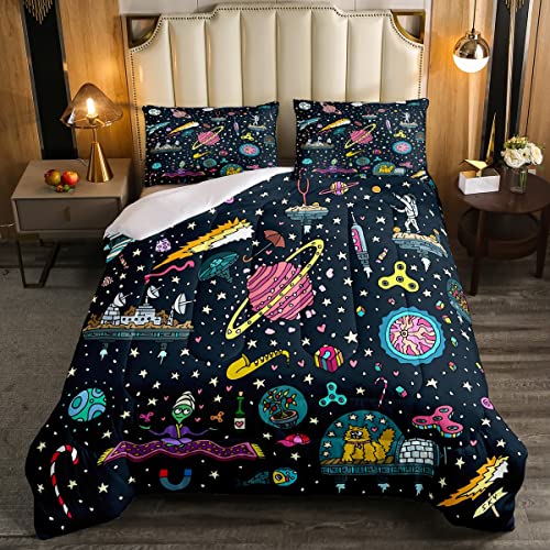 Juego de ropa de cama Galaxy Universe Planet Space Rocket Juego de edredón para niños y niñas, color rosa y negro Espacio exterior Astronauta, edredón mágico tamaño individual, 2 piezas