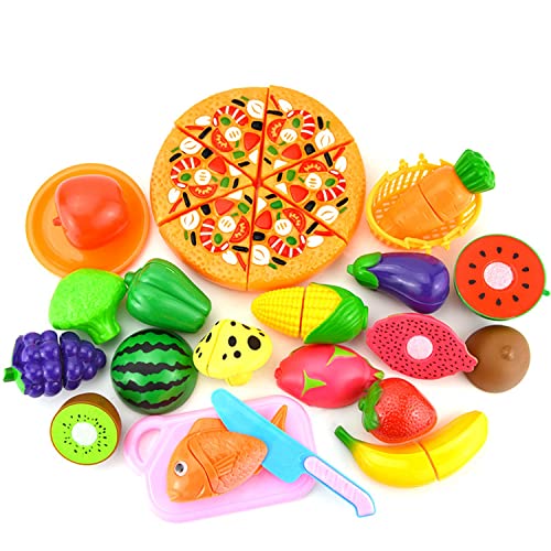 JZK 25 x Alimentos de Juguete Cortar Frutas Verduras Pizza de Frutas y Verduras de plástico Juguetes Eeducativos Set para Chicas y Muchachos