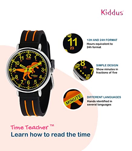 KIDDUS Reloj Educativo Analógico para niño, niña. Aprende la Hora con Nuestro Fácil Sistema Time Teacher. Ejercicios incluídos. Mecanismo de Cuarzo (13 T-Rex English)