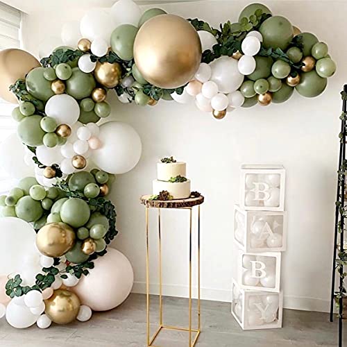 Kit de arco de guirnalda de globos verde salvia, 152 piezas de arco de globos verde oliva con globo de látex blanco Globo de látex metálico dorado para niños, niñas, baby shower, cumpleaños