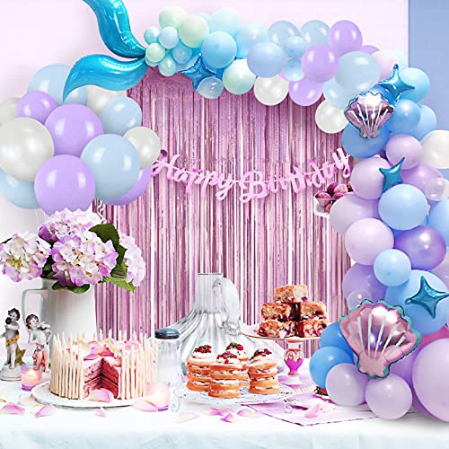 Kit de guirnalda de globos de sirena con cortina de flecos de aluminio, suministros de fiesta con arco de cola de sirena con globos de confeti verde púrpura para decoraciones de fiesta de cumpleaños