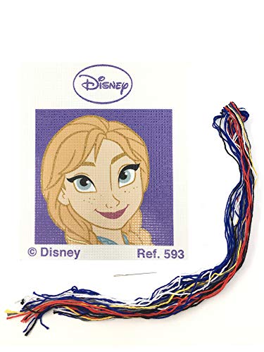 Kit medio punto con dibujos de Disney - Anna Frozen. Punto de cruz manualidad DIY para niños, incluye cañamazo e hilos de colores según estampado. Lienzo de 18 x 15 cm.