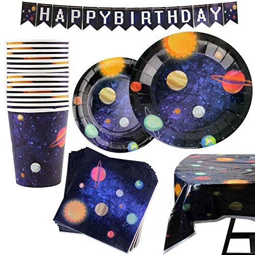 Kompanion 102 Artículos con Diseño del Espacio y Galaxia-Desechables para Fiesta y Celebración de Cumpleaños Espacial – Vasos, Platos, Servilletas –Accesorios de Vajilla y Decoración–25 Personas