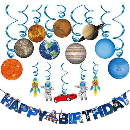 Konsait Sistema Solar Decoración Colgante remolinos y Bandera Banderines “ Happy Birthday” para Bebés Infantiles Niños Cumpleaños Fiesta Decoración Suministros