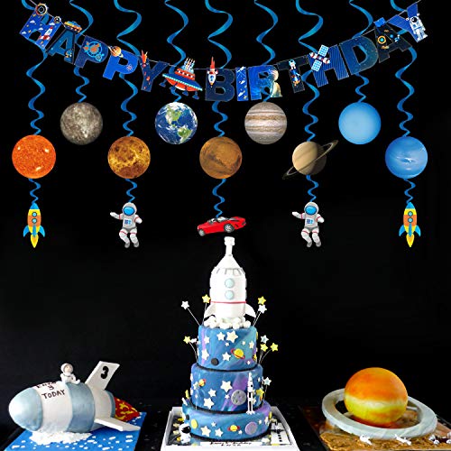 Konsait Sistema Solar Decoración Colgante remolinos y Bandera Banderines “ Happy Birthday” para Bebés Infantiles Niños Cumpleaños Fiesta Decoración Suministros