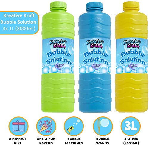 KreativeKraft Liquido Pompas de Jabon, Pack de 3 Botellas para Hacer Burbujas de Jabon Niños, Apto para Maquina Pompas Jabon o Pistolas de Burbujas, Regalos para Juegos al Aire Libre