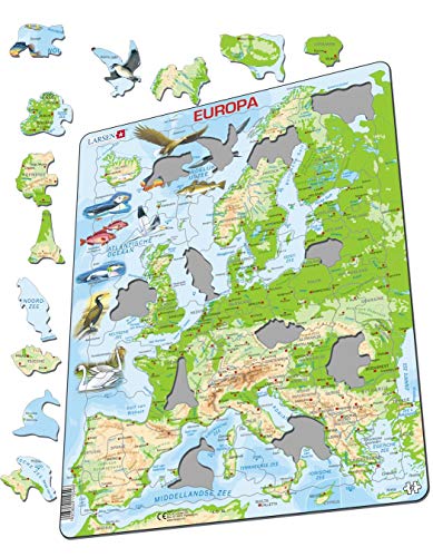 Larsen K70 Mapa físico de Europa, edición en Holandés, Puzzle de Marco con 87 Piezas