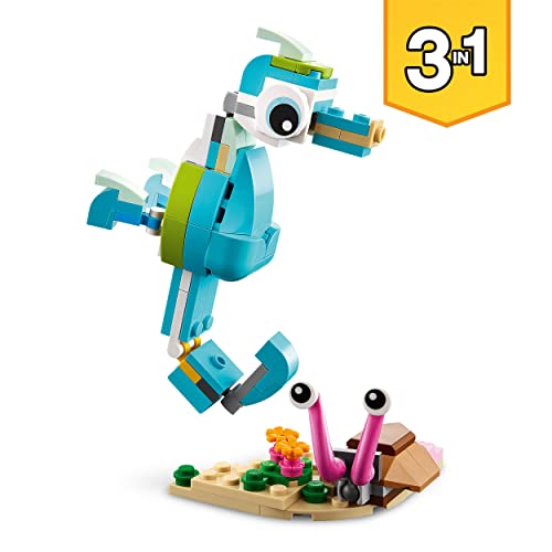 LEGO 31127 Creator Delfín y Tortuga, Animales Marinos de Juguete para Niños y Niñas de 6 Años, Set de Construcción de Figuras 3 en 1