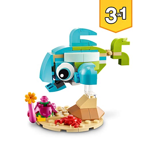 LEGO 31127 Creator Delfín y Tortuga, Animales Marinos de Juguete para Niños y Niñas de 6 Años, Set de Construcción de Figuras 3 en 1